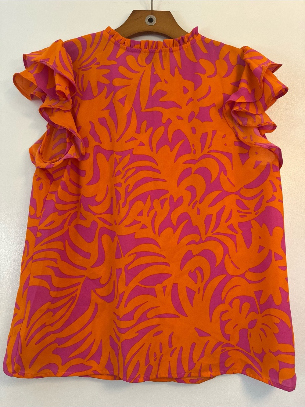 1. State Pink & Orange Ruffle Sleeve Tie-Neck Shell Top - Picture 4 of 6